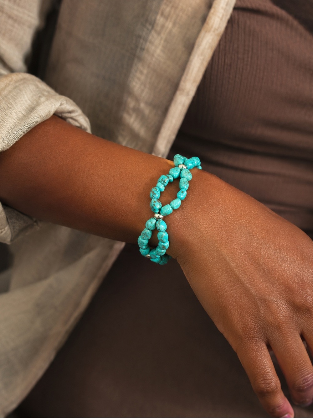 Hand Crafted Turquoise Double Strand Wire Wrapped Wave Bracelet Stainless Steel
